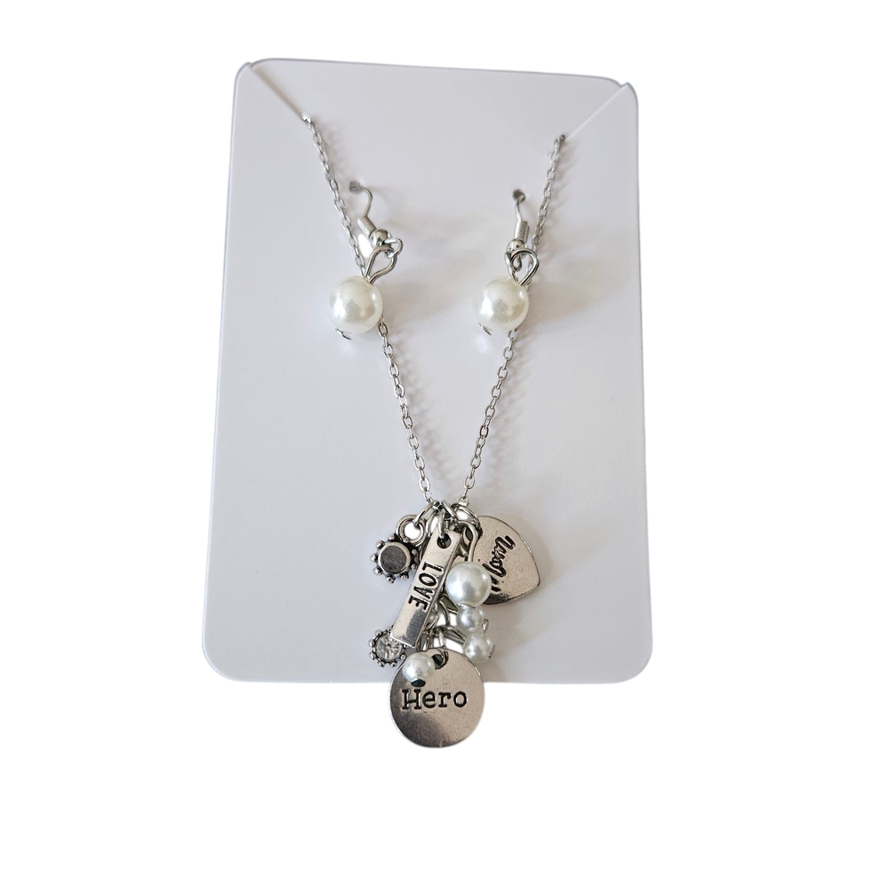 Silver Charm Necklace and Earring Set (MOM, HERO, LOVE) NEW!
